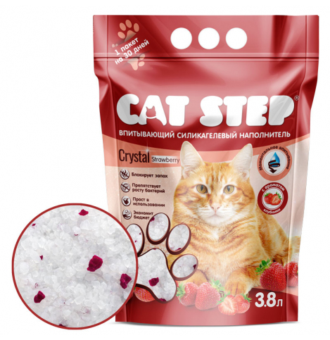 CAT STEP Crystal Strawberry, силикагелевый наполнитель для кошачьего туалета - 3,8 л