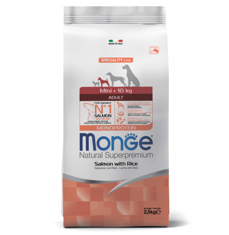 Monge Dog Monoprotein Mini корм для взрослых собак мелких пород лосось с рисом 2,5 кг