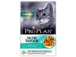 PRO PLAN NUTRISAVOUR STERILISED Консервированный корм для стерилизованных кошек и кастрированных котов, с океанической рыбой в соусе, 85г