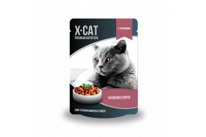 X-CAT Корм консервированный полнорационный для взрослых кошек. Кусочки с ягненком в соусе для стерилизованных кошек, 85г