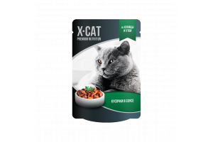 X-CAT Корм консервированный полнорационный для взрослых кошек. Кусочки в соусе из курицы и утки, 85г