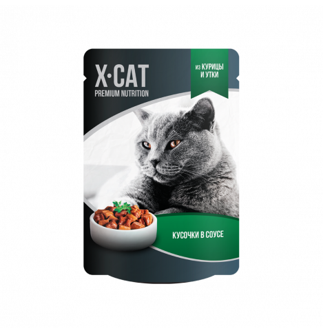 X-CAT Корм консервированный полнорационный для взрослых кошек. Кусочки в соусе из курицы и утки, 85г