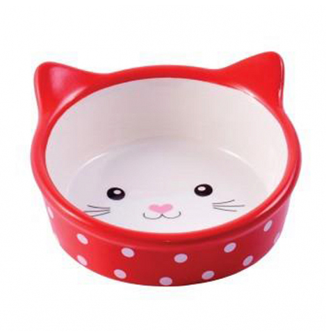 Миска Mr.Kranch керамическая для кошек Мордочка кошки 250 мл красная в горошек