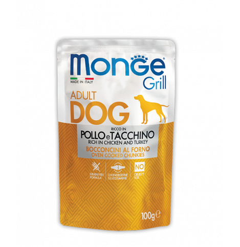 Monge GRILL POUCH POLLO e TACCHINO, Паучи для взрослых собак с курицей и индейкой, 100 г