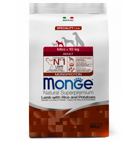 Monge Speciality line Mini Adult, ягненок, с рисом, с картофелем Сухой корм для взрослых собак мелких пород, 800 г