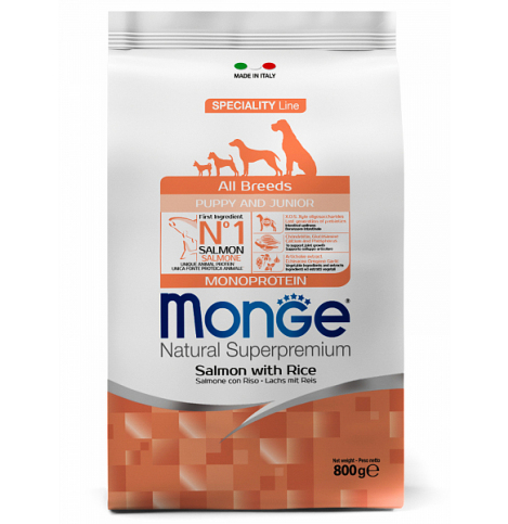 Monge Speciality line Puppy & Junior, лосось с рисом. Сухой корм для щенков всех пород, 800 г