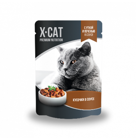 X-Cat с уткой и печенью в соусе Консервированный корм для кошек, 85г