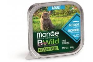 Monge Cat BWild GRAIN FREE  Влажный корм для взрослых кошек беззерновой, из анчоусов с овощами, 100 г