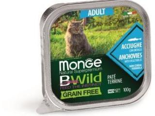 Monge Cat BWild GRAIN FREE  Влажный корм для взрослых кошек беззерновой, из анчоусов с овощами, 100 г