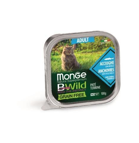 Monge Cat BWild GRAIN FREE  Влажный корм для взрослых кошек беззерновой, из анчоусов с овощами, 100 г