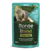 Monge Cat BWild GRAIN FREE Влажный корм для взрослых кошек беззерновой, из трески с креветками и овощами, пауч 85 г