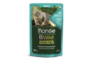 Monge Cat BWild GRAIN FREE Влажный корм для взрослых кошек беззерновой, из трески с креветками и овощами, пауч 85 г