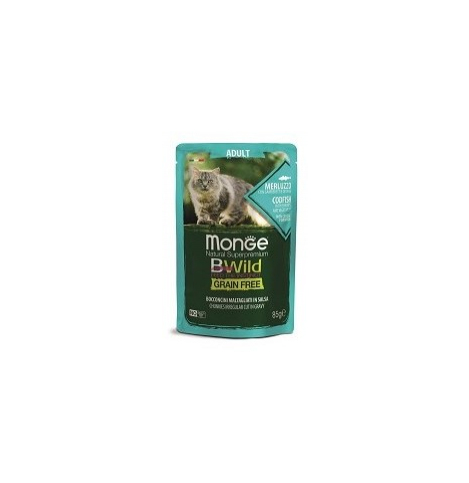 Monge Cat BWild GRAIN FREE Влажный корм для взрослых кошек беззерновой, из трески с креветками и овощами, пауч 85 г