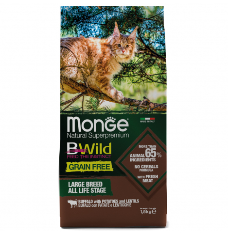 Monge Cat BWild GRAIN FREE Сухой корм беззерновой из мяса буйвола для крупных кошек всех возрастов, 100 г (весовой)