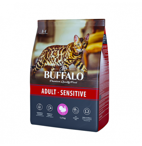 MR. BUFFALO ADULT SENSITIVE С ИНДЕЙКОЙ Сухой корм для взрослых кошек и котов с чувствительным пищеварением, 1,8 кг