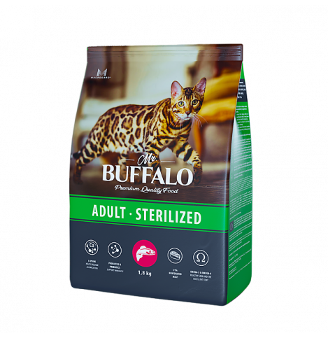 MR. BUFFALO STERILIZED С ЛОСОСЕМ Сухой корм для взрослых стерилизованных кошек и кастрированных котов, 1,8 кг