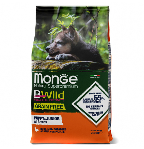 Monge Dog BWild GRAIN FREE Puppy & Junior Сухой корм для щенков, беззерновой, из мяса утки с картофелем 2,5 кг