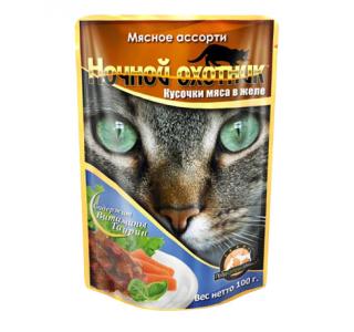 Ночной охотник консервы для кошек мясное ассорти кусочки в желе, 100гр.