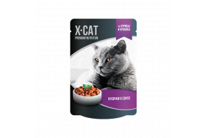 X-CAT Корм консервированный полнорационный для взрослых кошек. Кусочки в соусе из курицы и кролика, 85г