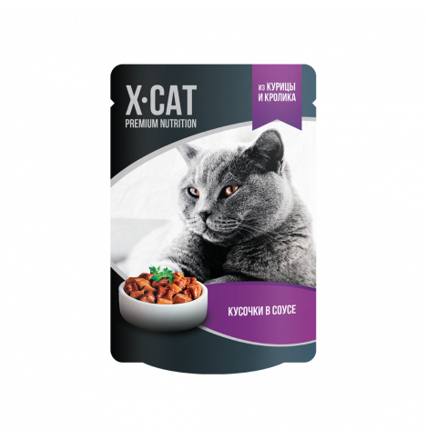 X-CAT Корм консервированный полнорационный для взрослых кошек. Кусочки в соусе из курицы и кролика, 85г