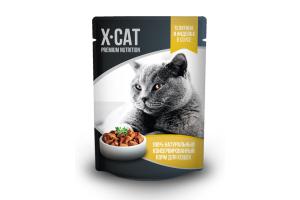 X-CAT Корм консервированный полнорационный для взрослых кошек. Телятина и Индейка в соусе, 85г