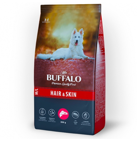 MR. BUFFALO HAIR & SKIN С ЛОСОСЕМ Сухой корм для взрослых собак всех пород для здоровой кожи и красивой шерсти, 800 г