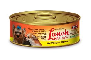 LUNCH FOR PETS Консервированный корм для собак, цыпленок и язык Кусочки в желе 100гр.