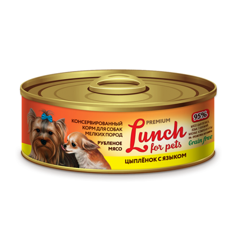 LUNCH FOR PETS Консервированный корм для собак, цыпленок и язык Кусочки в желе 100гр.