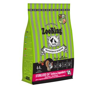 ZooRing STERILIZED CAT TURKEY LINGONBERRY Индейка с брусникой. Полнорационный сухой корм для стерилизованных кошек и кастрированных котов, 400г