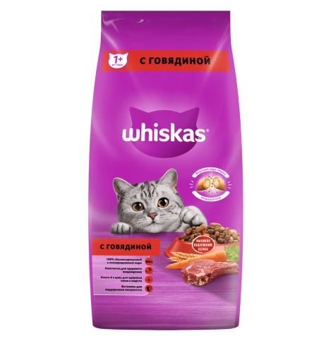 WHISKAS для кошек «Вкусные подушечки с нежным паштетом", Сухой корм с говядиной, 100г (весовой)