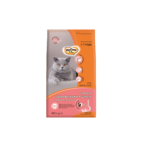 Мнямс Сухой корм SKIN&COAT с лососем для взрослых кошек
(старше 1 года) здоровье кожи и шерсти, 400г