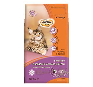 Мнямс Сухой корм HAIRBALL&INDOOR с ягнёнком для домашних взрослых
кошек (старше 1 года) выведение комков шерсти, 400г