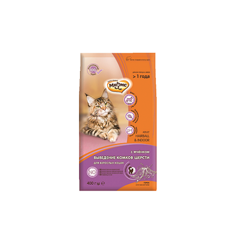 Мнямс Сухой корм HAIRBALL&INDOOR с ягнёнком для домашних взрослых
кошек (старше 1 года) выведение комков шерсти, 400г