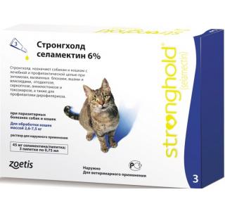 Стронгхолд селамектин 6%, капли на холку для кошек массой 2,6-7,5 кг, 1 пипетка 0,75 мл