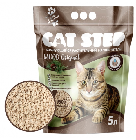 CAT STEP Wood Original, комкующийся растительный наполнитель для кошачьего туалета - 5 л