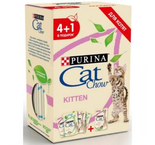 Cat Chow промо-набор 4+1 Паучи для котят Кусочки в желе с ягненком, индейкой