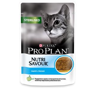PRO PLAN NUTRISAVOUR STERILISED Консервированный корм для стерилизованных кошек и кастрированных котов, паштет с треской, 85г