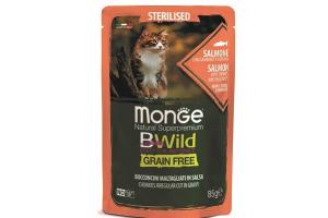 Monge Cat BWild GRAIN FREE Влажный корм для стерилизованных кошек беззерновой, из лосося с креветками и овощами, пауч 85 г