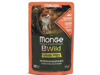 Monge Cat BWild GRAIN FREE Влажный корм для стерилизованных кошек беззерновой, из лосося с креветками и овощами, пауч 85 г