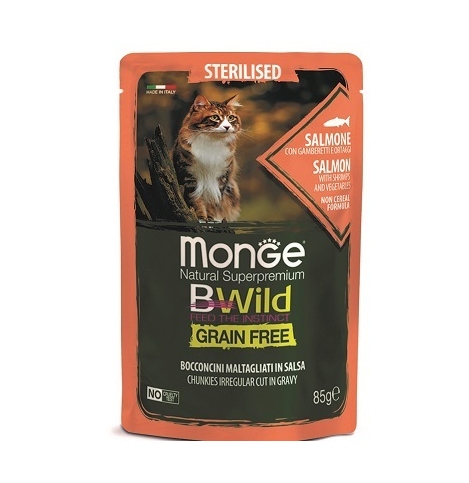 Monge Cat BWild GRAIN FREE Влажный корм для стерилизованных кошек беззерновой, из лосося с креветками и овощами, пауч 85 г