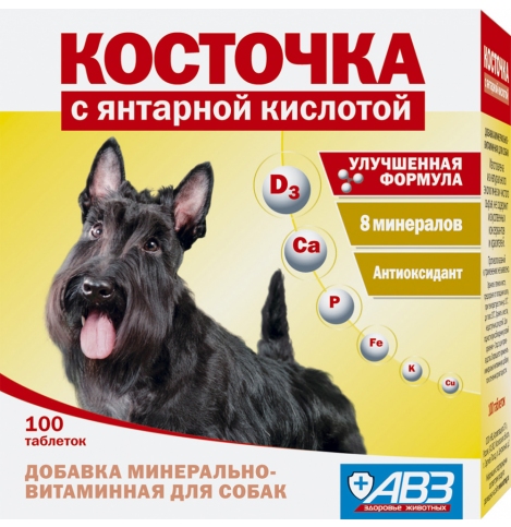 Косточка с янтарной кислотой, минерально-витаминная добавка для собак, уп. 100 табл.