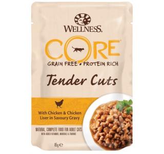 CORE TENDER CUTS Паучи для кошек из курицы с куриной печенью в виде нарезки в соусе 85г