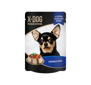 X-DOG Корм консервированный полнорационный для взрослых собак. Кусочки в соусе из курицы и белой рыбы, 85г
