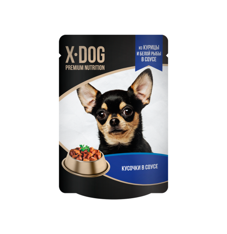 X-DOG Корм консервированный полнорационный для взрослых собак. Кусочки в соусе из курицы и белой рыбы, 85г