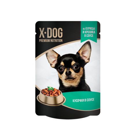 X-DOG Корм консервированный полнорационный для взрослых собак. Кусочки в соусе из курицы и кролика, 85г