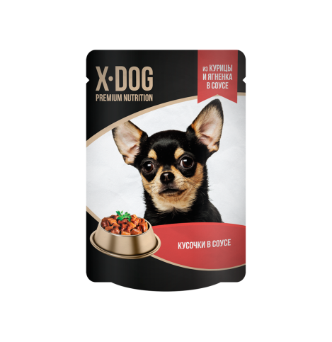 X-DOG Корм консервированный полнорационный для взрослых собак. Кусочки в соусе из курицы и ягненка, 85г