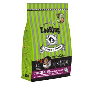 ZOORING STERILIZED CAT MAX TURKEY&DUCK&LINGONBERRY Полнорационный сухой корм для стерилизованных кошек и кастрированных котов, особенно подходит питомцам крупных пород
Индейка и утка с брусникой, 400г