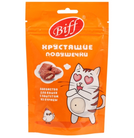 Biff лакомство для кошек хрустящие подушечки с паштетом из курицы 60 г