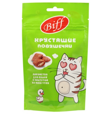 Biff лакомство для кошек хрустящие подушечки с паштетом из утки 60 г