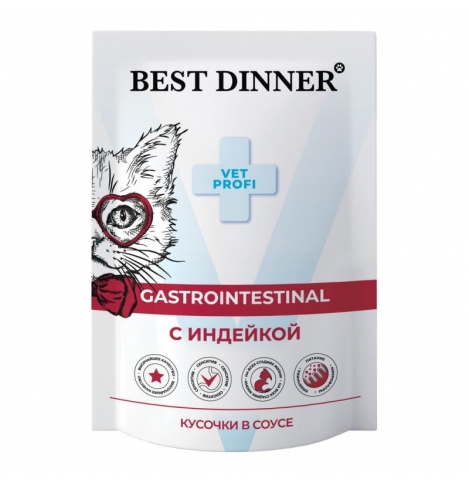 Best Dinner Пауч Exclusive Vet Profi Gastro Intestinal для взрослых кошек, кусочки в соусе, с индейкой, 85 г